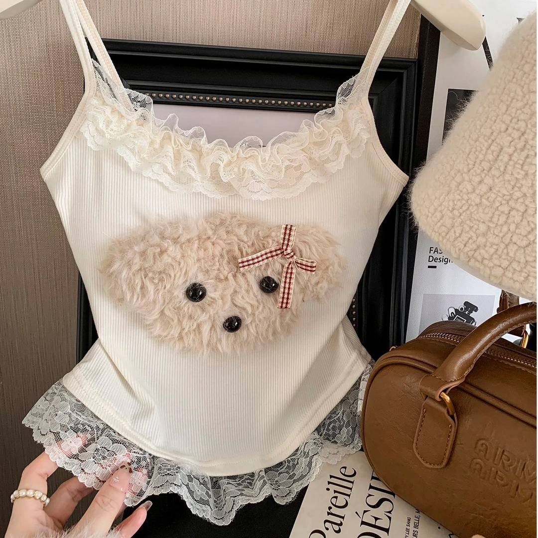 奶油小狗拼接蕾丝吊带背心秋季新款甜美可爱美背修身显瘦短款上衣