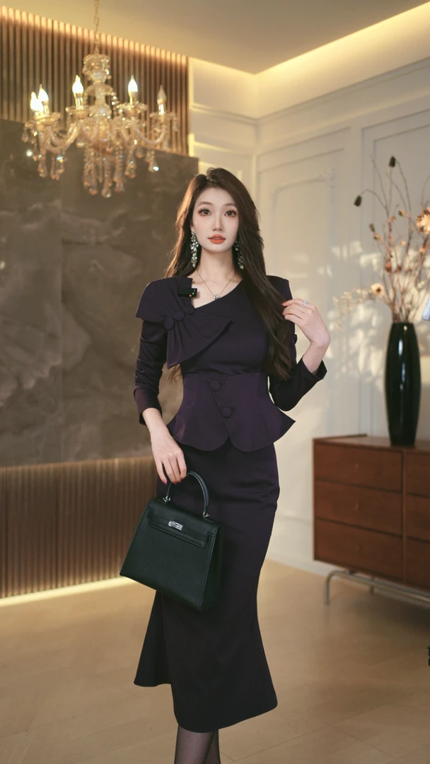 罗曼湾湾 原创设计深紫色气质时尚收腰上衣+鱼尾裙套装两件套女新