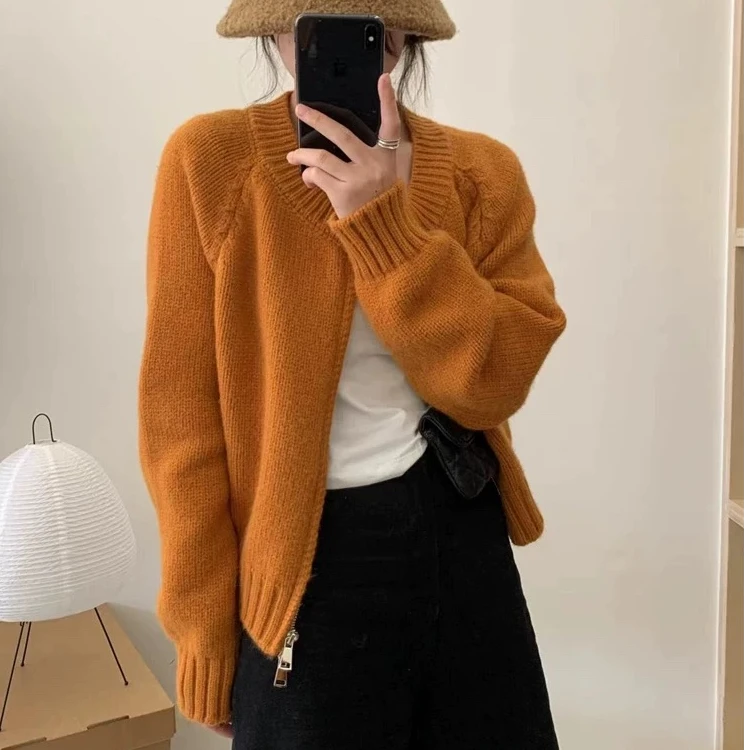 慵懒风双拉链短款毛衣外套女秋冬2025新款设计感小众针织开衫上衣
