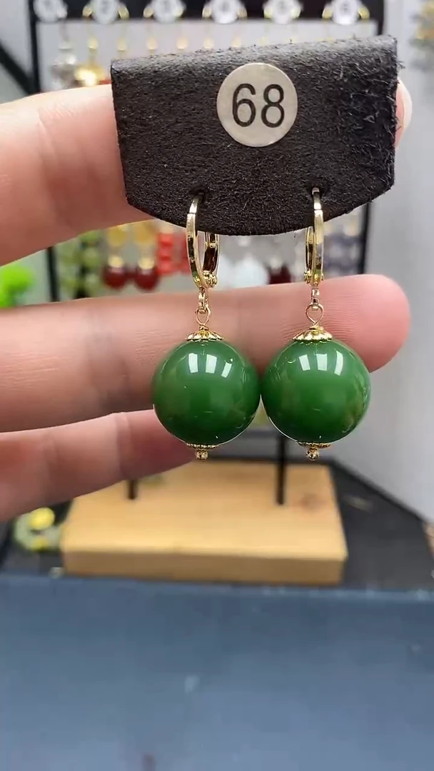 银S925镀金镶嵌和田玉耳饰尺寸16mm耳扣22