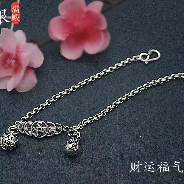 足银脚链 复古五帝币脚链铃铛钱袋吊坠0370
