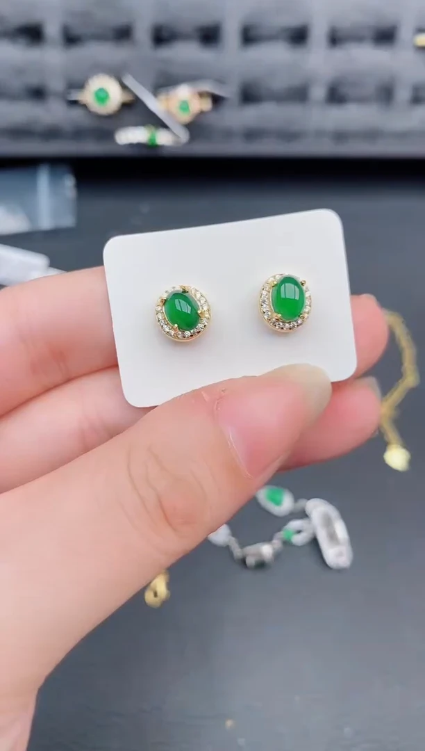 银S925镶嵌翡翠耳饰天然a货翡翠345
