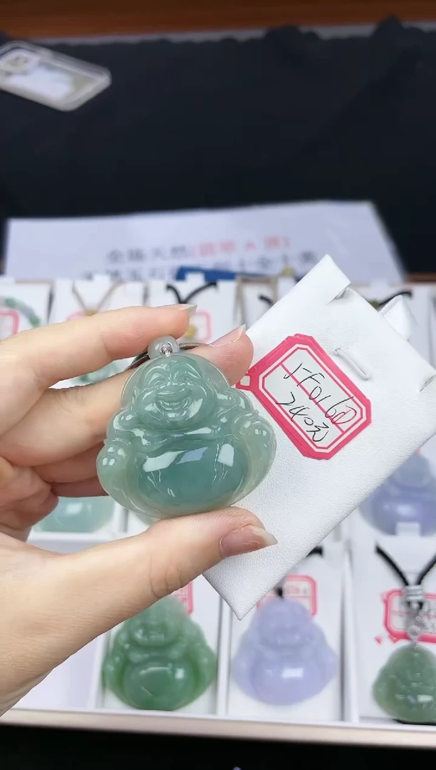翡翠未镶嵌颈饰孤品5F016翡翠冰菠菜绿中大佛送同款绳