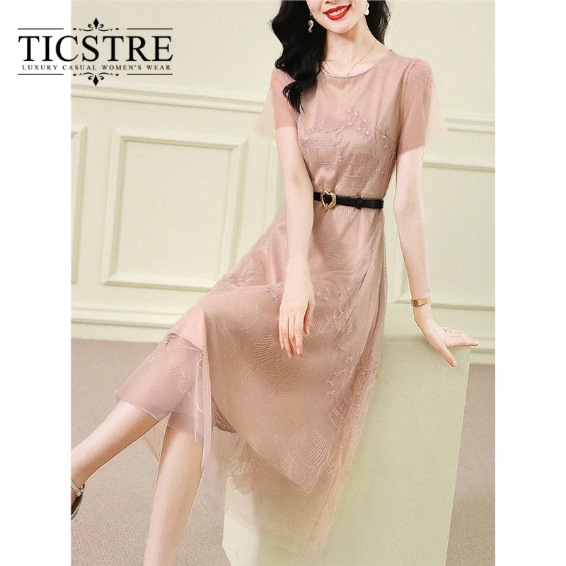 TICSTRE夏季森系小清新减龄收腰显瘦高端精致刺绣网纱雪纺连衣裙