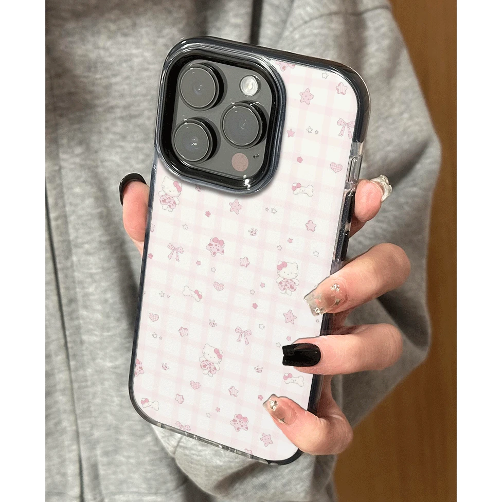 粉色格纹凯蒂适用苹果16promax手机壳15/14plus小众13新款