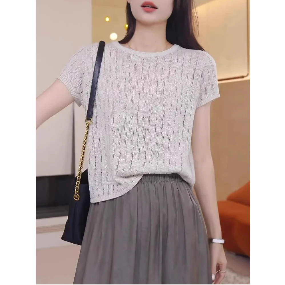 镂空冰丝短袖针织衫女2025夏季薄款新款圆领t恤休闲百搭短款上衣