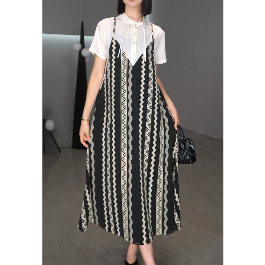 鑫鑫 洋气衣服女拼接假两件连衣裙夏季过膝长裙宽松短袖裙子6039
