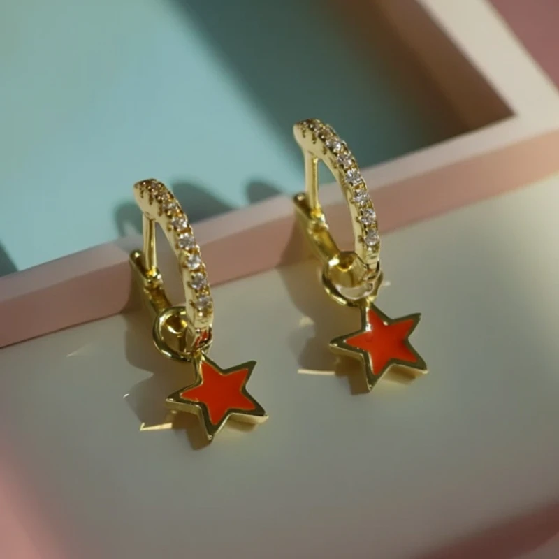 铜合金锆石耳饰 气质镶嵌轻奢彩色复古星形红绿色精致耳圈小众