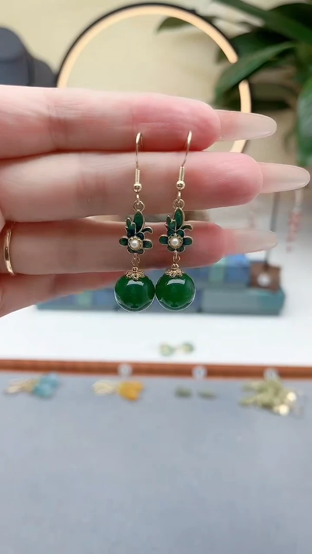 银S925镶嵌耳饰玛瑙/玉髓00绿色新配件