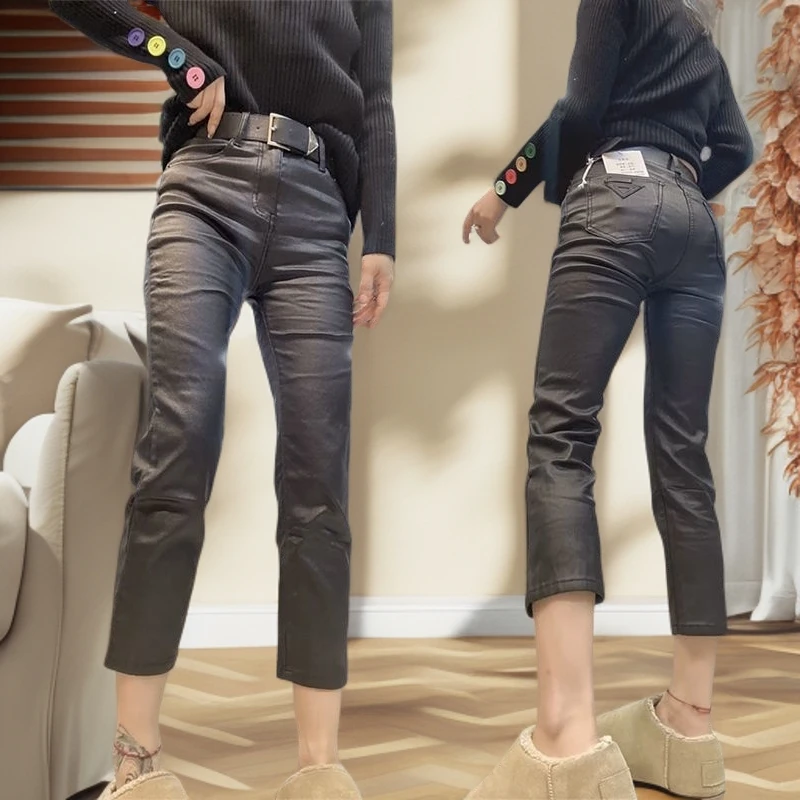 网红爆款高腰弹力涂层皮裤修身显瘦烟管磨毛休闲小个子九分女裤子