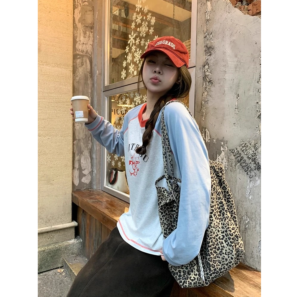 【现货秒发-NAZ微胖定制】撞色插肩袖字母印花圆领长袖T恤