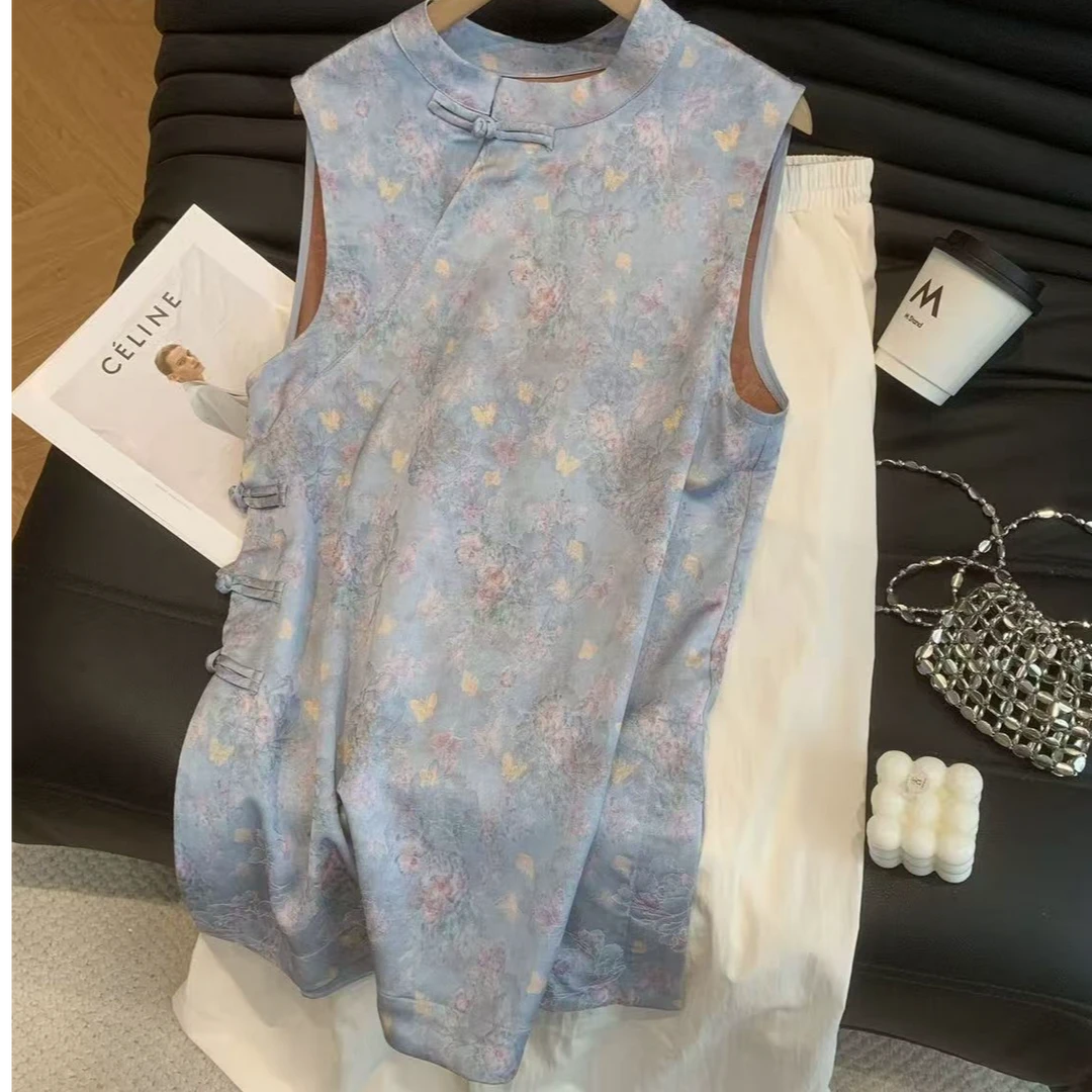 新中式国风衬衫旗袍马甲女2025夏季中长款晕染复古盘扣背心上衣