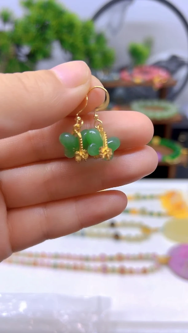 和田玉14K金镶嵌耳饰E259