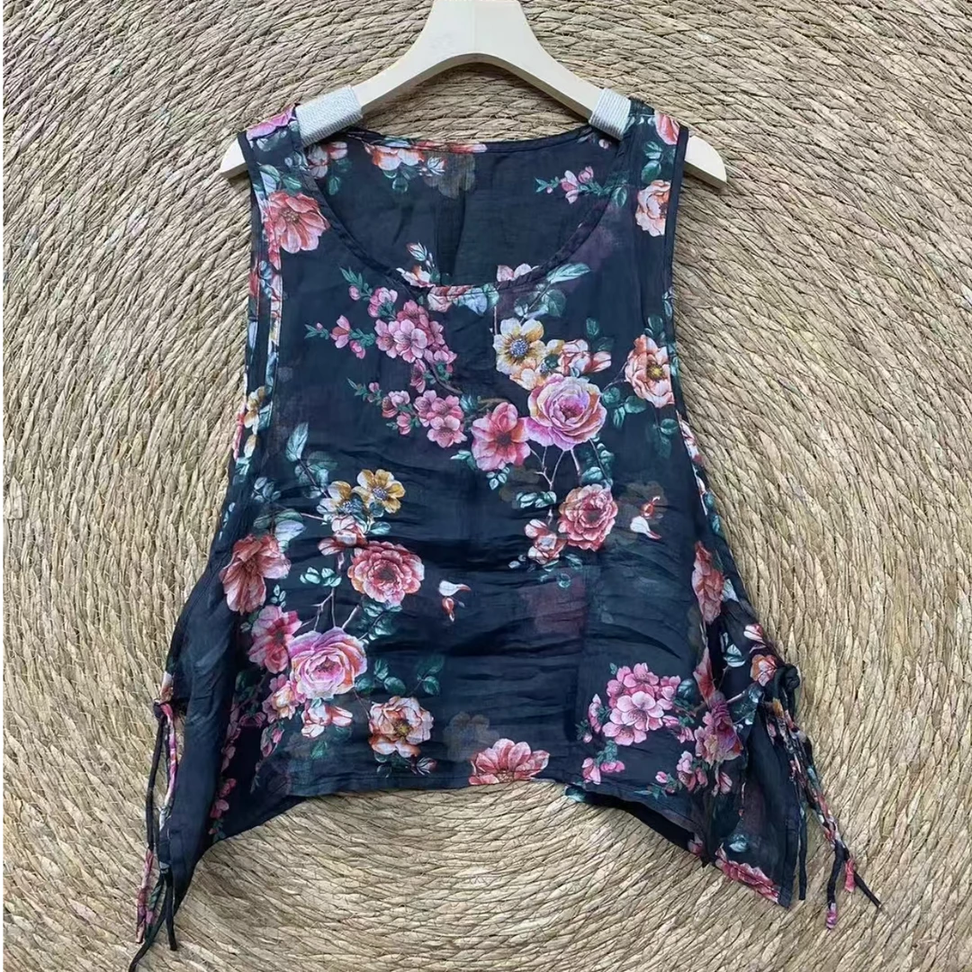 春夏爆款新款无袖马甲背心国风流苏花色苎麻圆领侧边盘扣套头坎肩