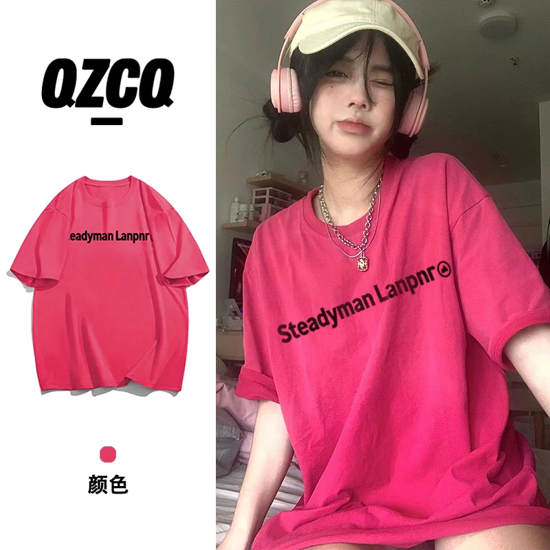 QZCQ美式多巴胺复古百搭宽松甜美港风短袖t恤韩版潮休闲上衣圆领