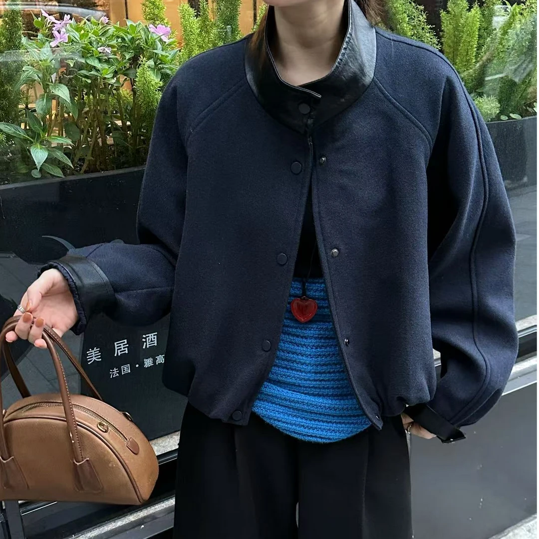 8673#复古风皮领拼接宽松休闲短款外套女洋气百搭