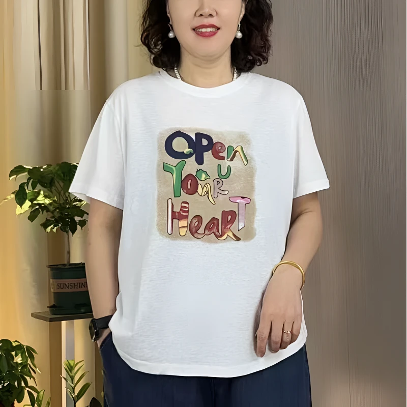 2025夏季新款时尚宽松妈妈装字母印花休闲百搭圆领短袖女T恤上衣