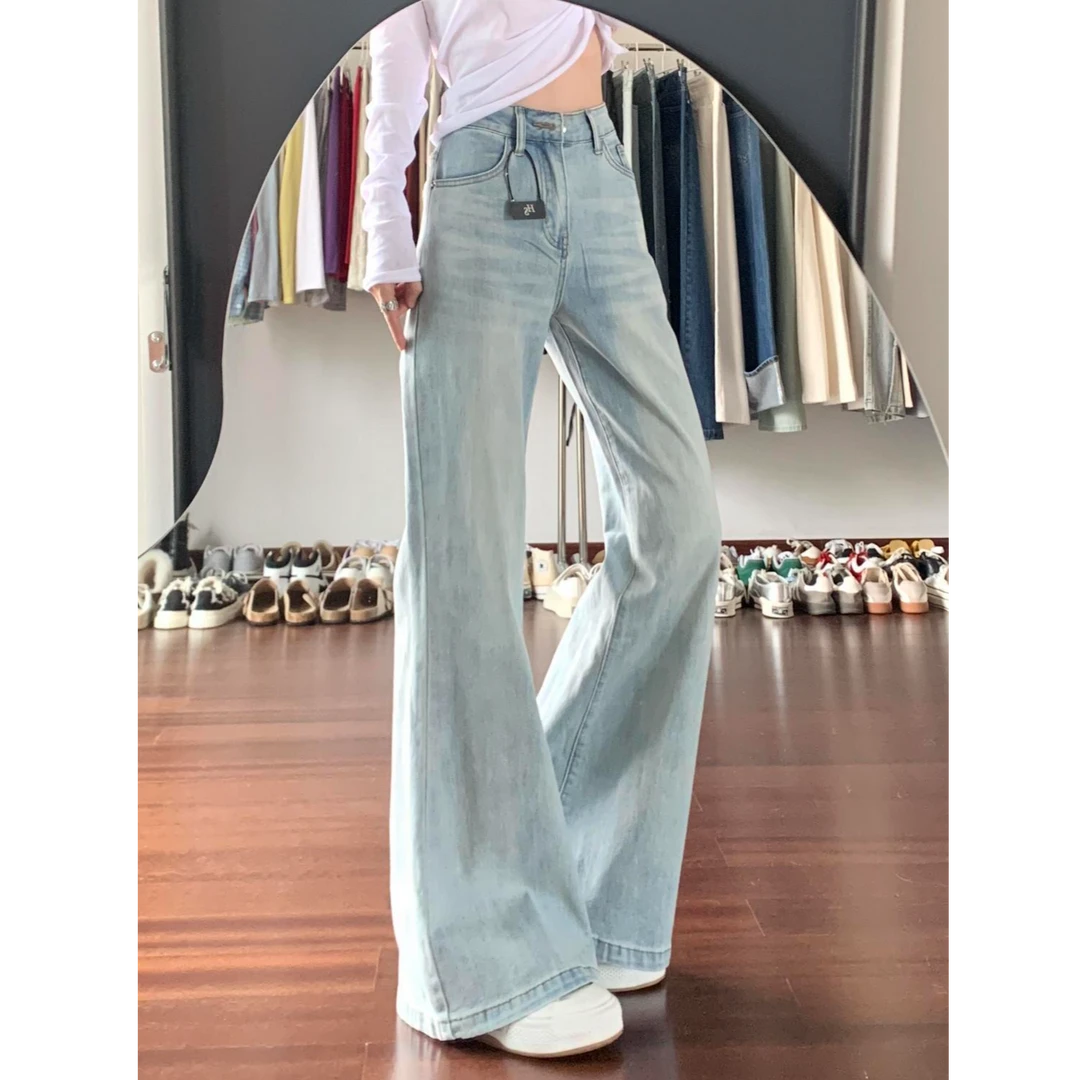 145小个子美式复古浅色微喇阔腿牛仔裤女高腰垂感显瘦喇叭拖地裤