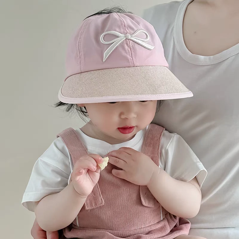 韩版儿童帽子夏季蝴蝶结大檐防晒帽女宝宝鸭舌棒球帽出游空顶草帽