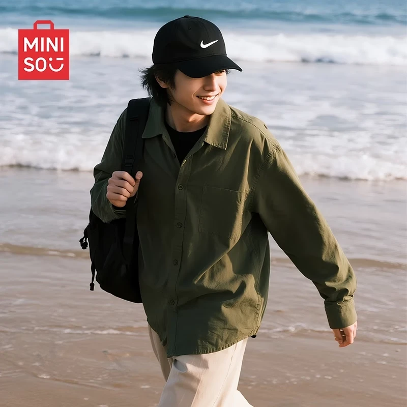 MINISO名创优品灯芯绒长袖衬衫男士秋季绿色肌理感青少年工装外套