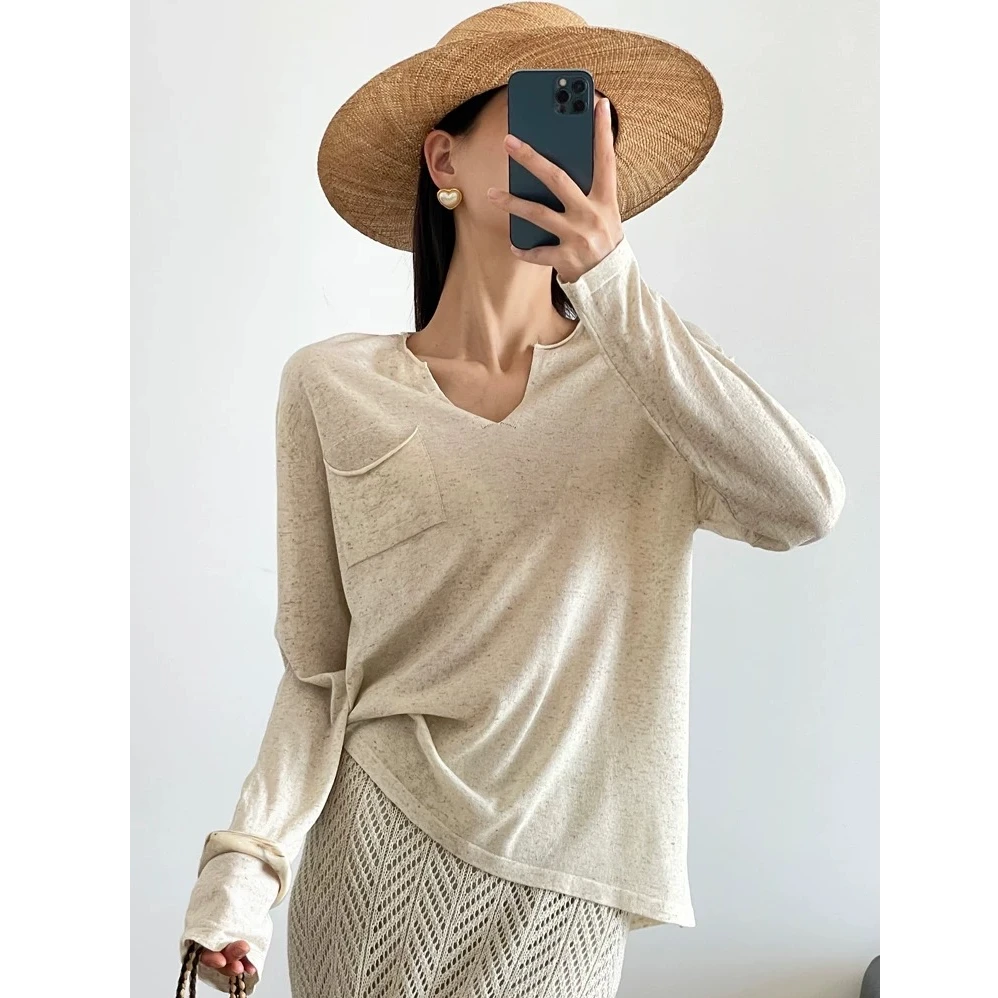 BLUEWEDIAN天丝亚麻慵懒感剪刀领长袖BD2520719