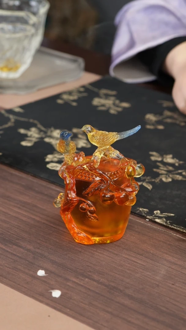 手工艺品琉璃鼓动喜事鸟茶宠摆件