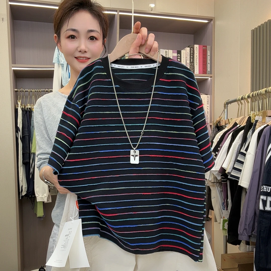 男女中大小童清新细条纹圆领套头春夏季亲肤柔软针织坑条休闲上衣