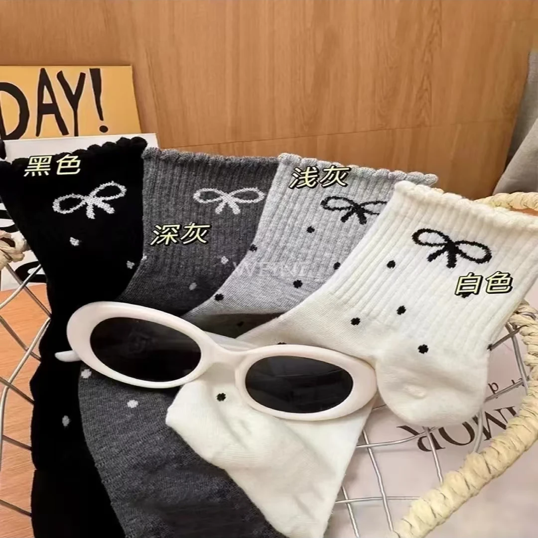 【新疆包邮】风波点蝴蝶结袜子女秋冬新款花边女士中筒袜堆堆袜