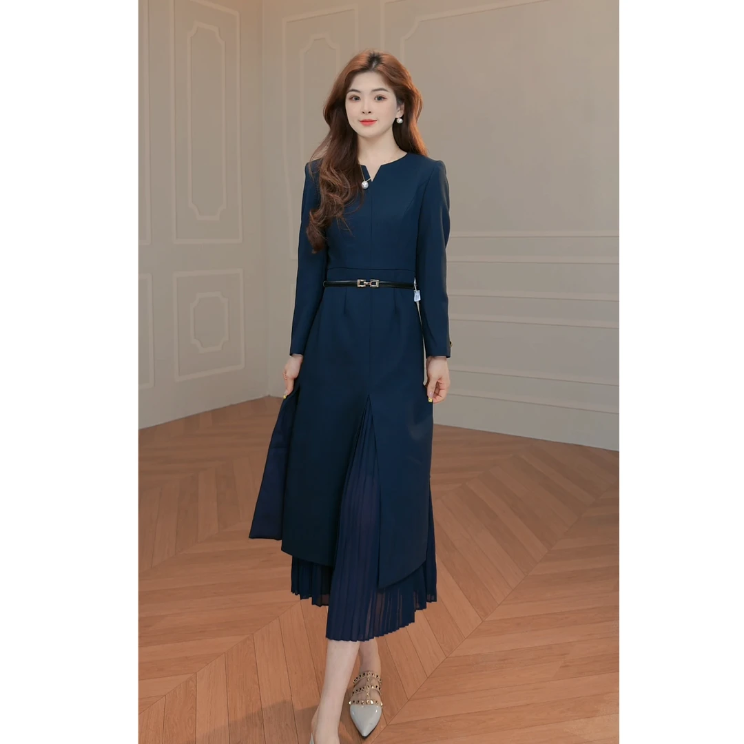 6007#连衣裙女秋季高级感时尚收腰气质拼接百褶裙中长款裙子