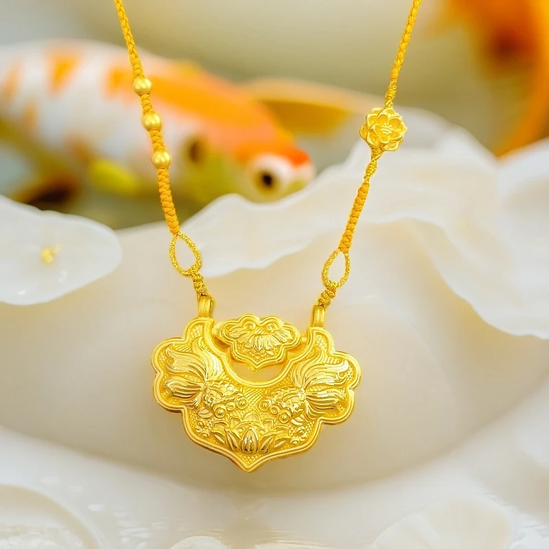 足金【锦鲤锁＋莲花＋三颗金豆】手工编绳子时尚编织双面精美百搭精致