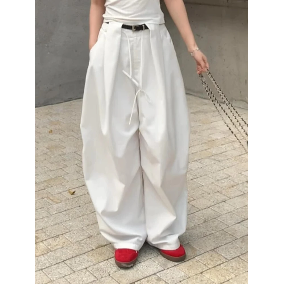 高级感白色长裤女夏季2025新款高腰宽松阔腿休闲裤垂坠感弯刀裤子