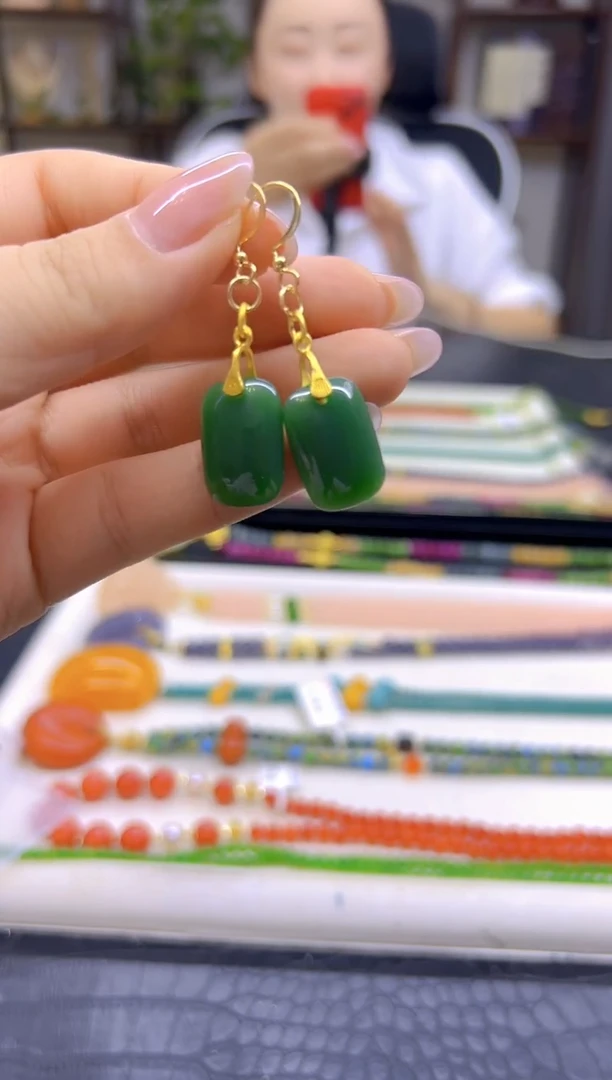 14K金镶嵌和田玉（碧玉）耳饰DIY款E171