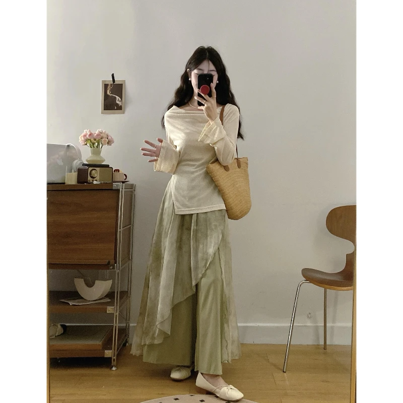 大码春夏针织气质荡领显瘦开叉上衣吊带飘逸印花宽松裤裙气质穿搭