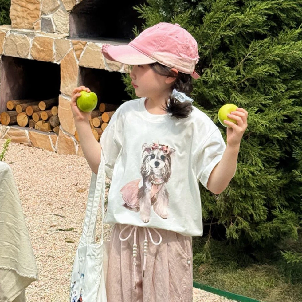 【豪宝贝】2025夏款发夹项链小狗可爱印花T恤0248