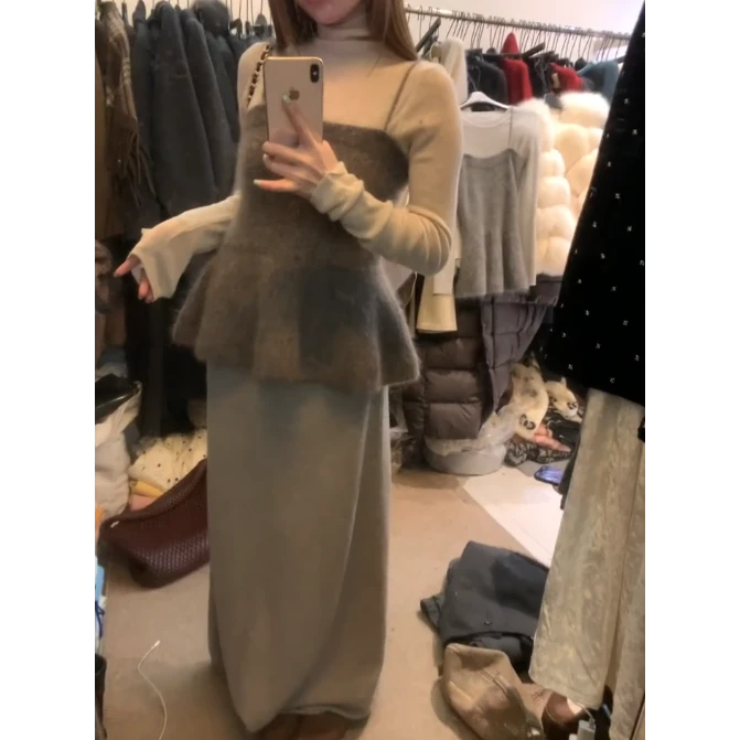 法式复古吊带毛衣背心叠穿长袖打底衫上衣女秋冬宽松慵懒半身长裙