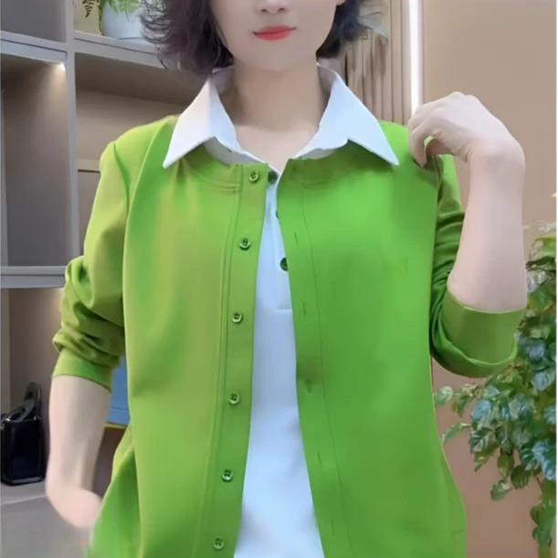 新款假两件百搭衬衫休闲百搭时尚洋气网红气质款显瘦长袖外套衬衣
