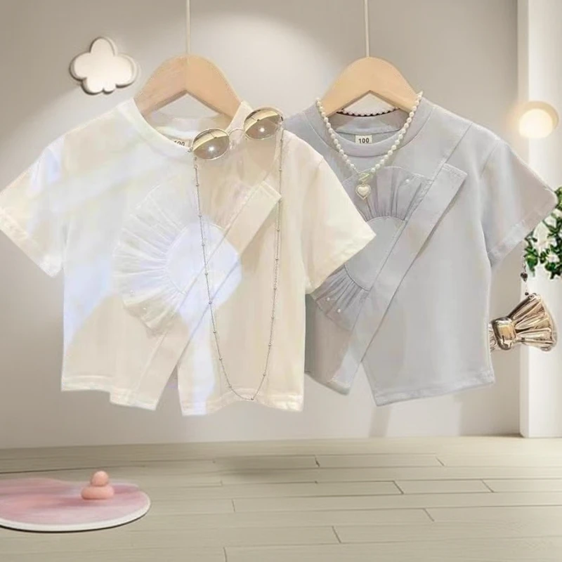 女童夏季T恤洋气时尚钉珠纯色公主风上衣中大童棉质圆领休闲短袖