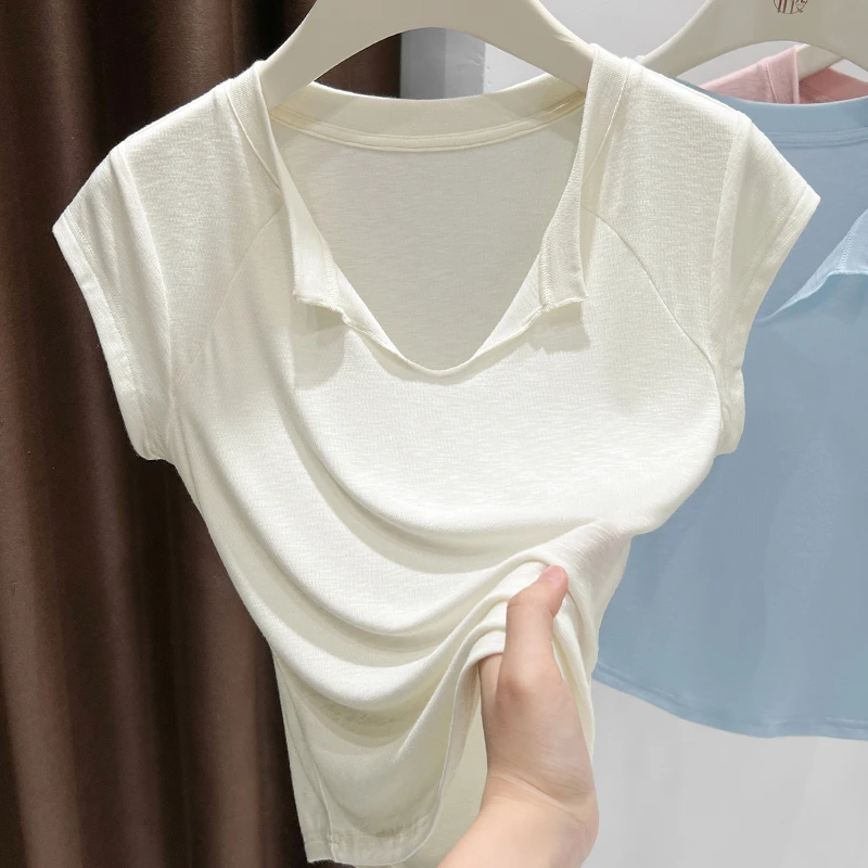 杏色气质V领薄款短袖t恤女装夏季2025新款设计感翻领洋气百搭上衣