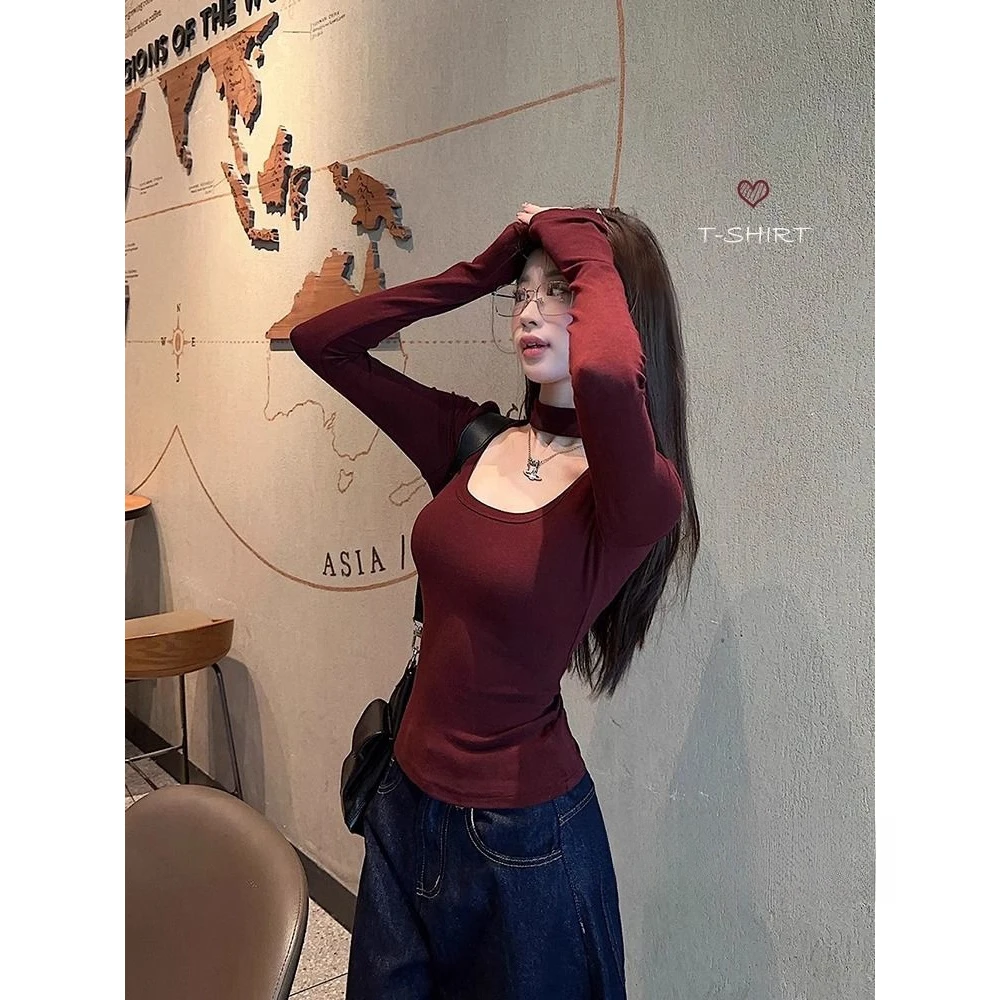 气质辣妹性感设计感方领挂脖长袖T恤女春秋冬酒红色修身短款上衣
