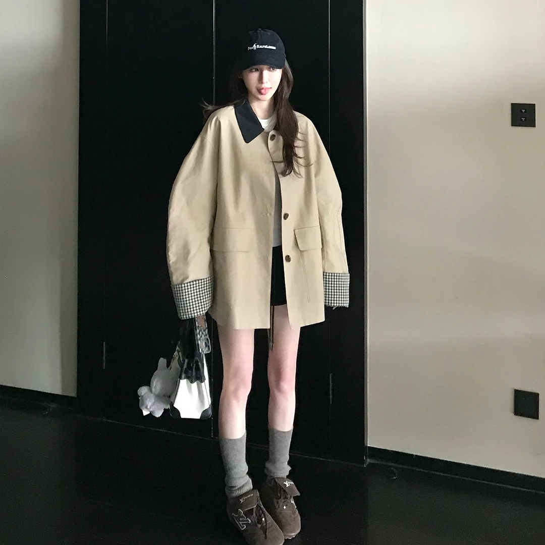 中长款卡其色风衣撞色格纹拼接短款宽松外套女秋