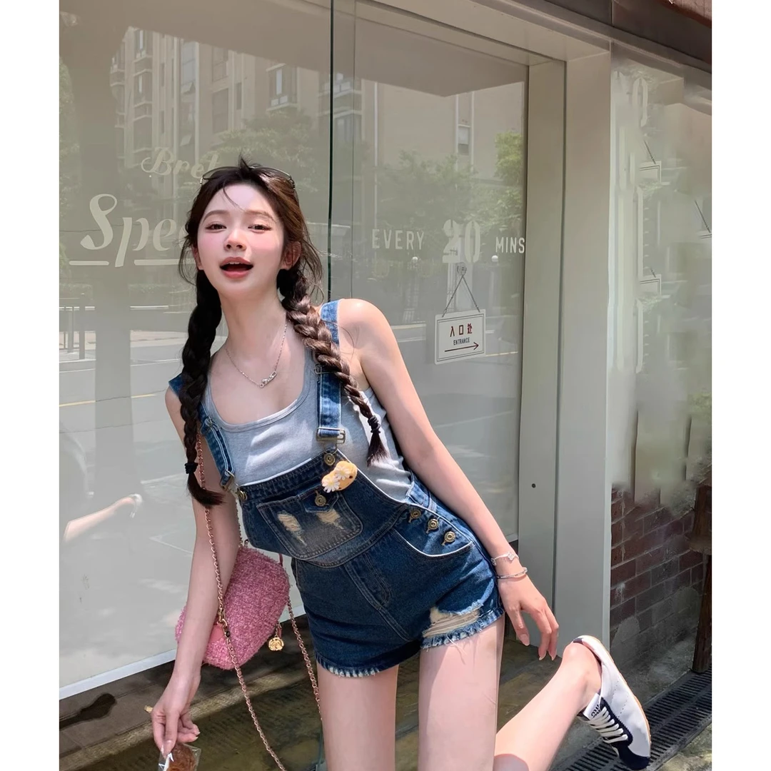 美式甜辣复古牛仔背带裤女2025夏季新款破洞做旧设计感连体短裤子