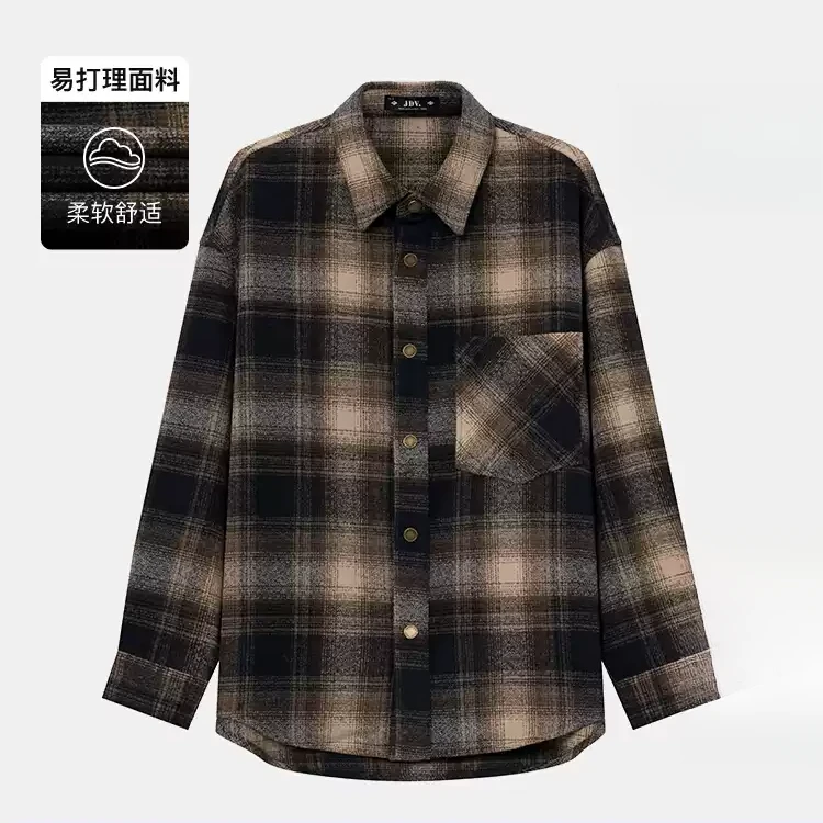 J.D.V2024商场同款秋季新款驼色格纹衬衫宽松衬衣上衣男士WIC4335