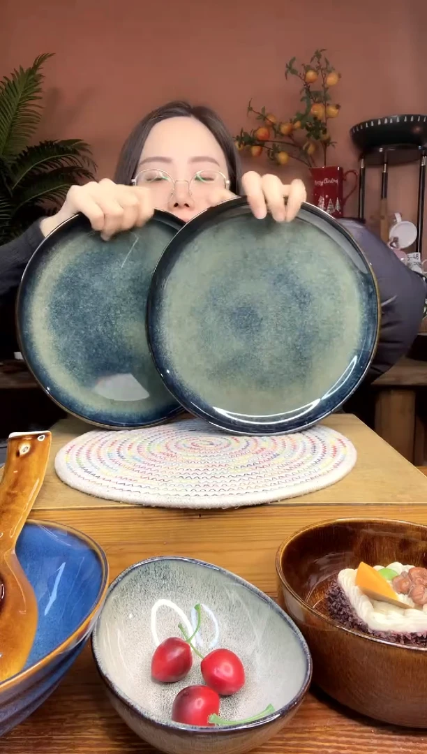 陶瓷10.3英寸双层窑变釉大盘子 2件 微瑕疵