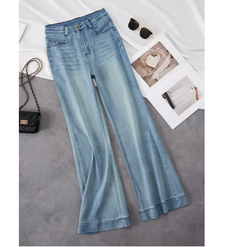 A.W.N高腰喇叭阔腿牛仔裤女2025年夏季新款宽松直筒微喇显瘦裤子