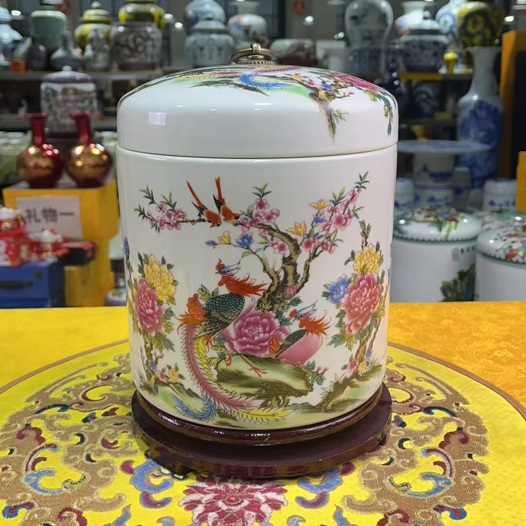 【高度20，肚径18，容量5斤米】景德镇陶瓷凤来仪陶瓷储物罐（送底座）
