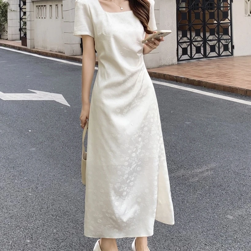 无印心匠B29272-1 新款复古掐腰方领黑色提花夏季连衣裙女 K1021