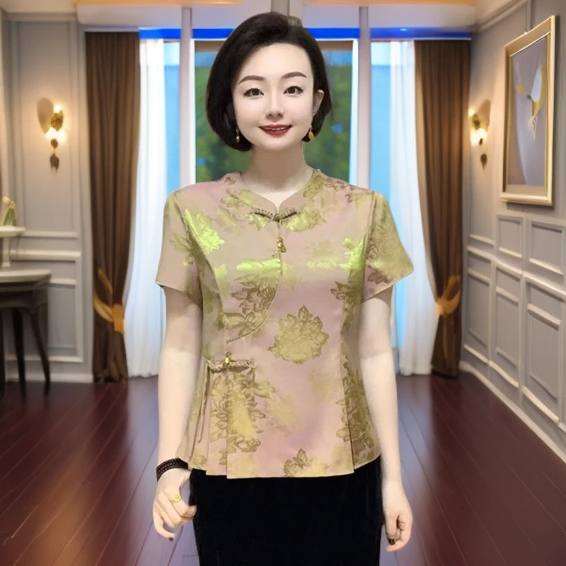 422短袖中年妈妈春夏套头新中式真丝衬衫新款中老年夏季气质上衣