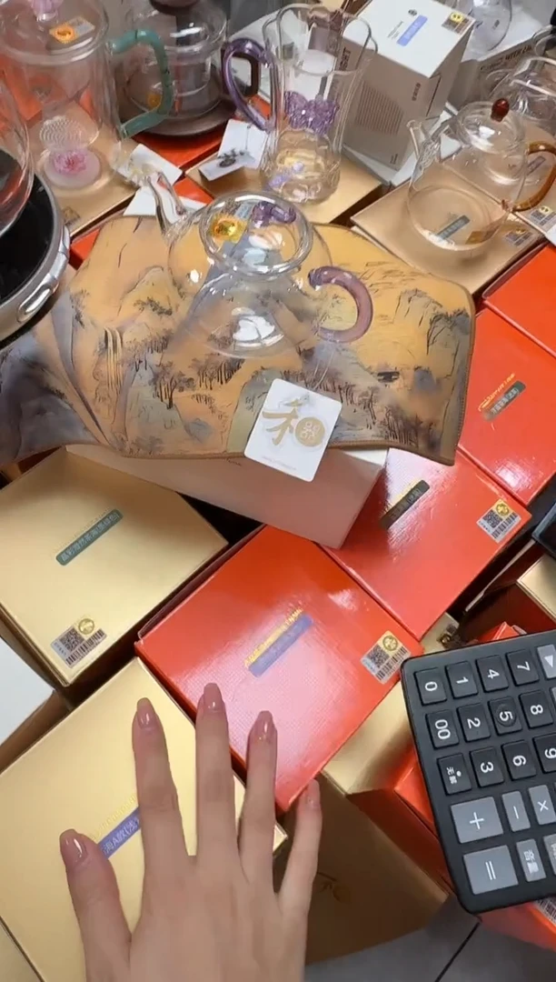 @@禾器晶彩丰登壶浅紫色+茶巾千里江山