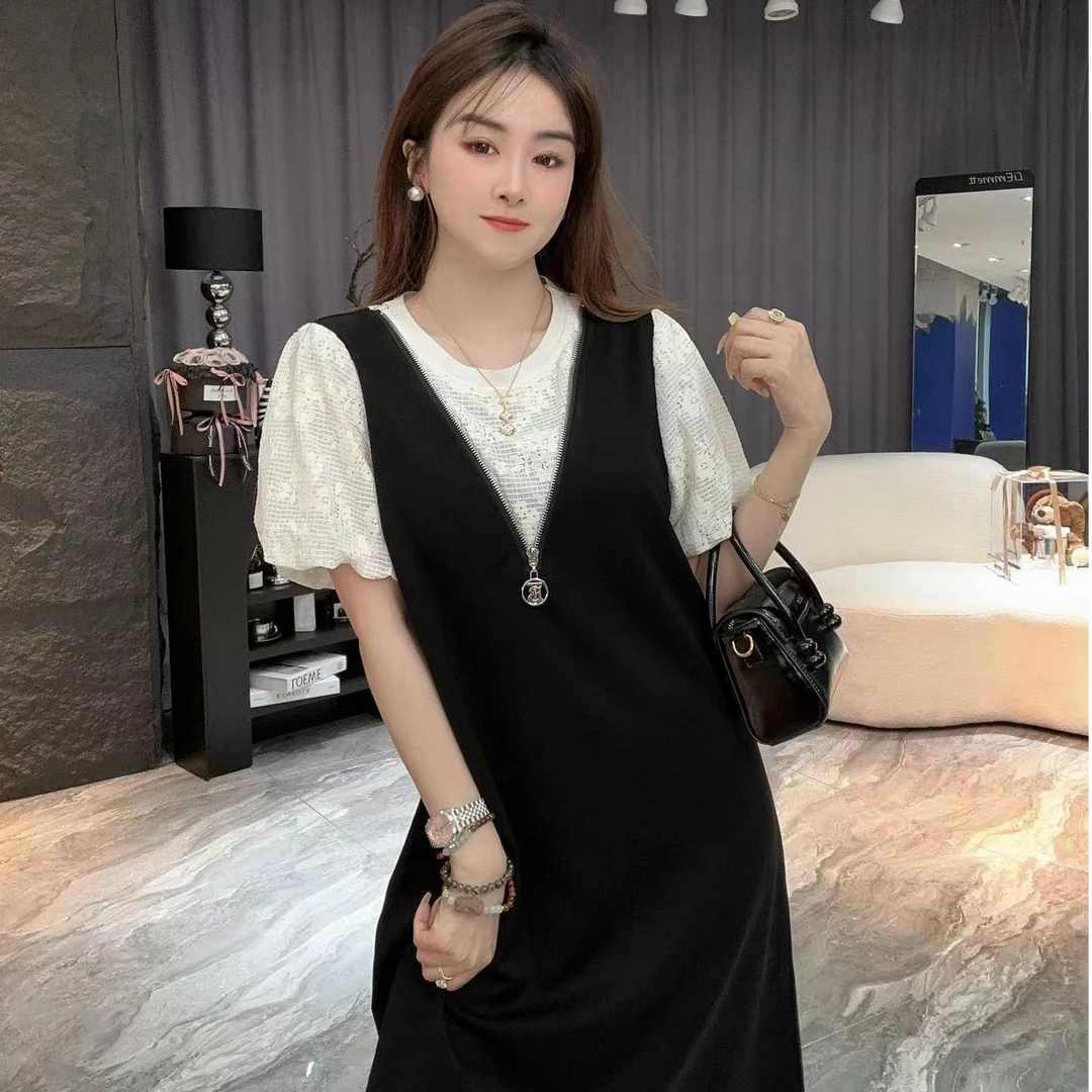 6697夏季新款时尚蕾丝拼接假两件宽松休闲百搭连衣裙