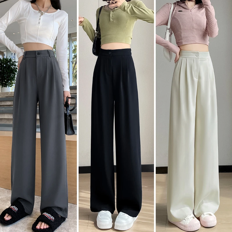 （现货带险）夏季小个子西装裤女宽松高腰垂感窄版直筒裤休闲阔腿裤